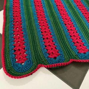 Vintage Crochet Throw in Green, Teal & Red